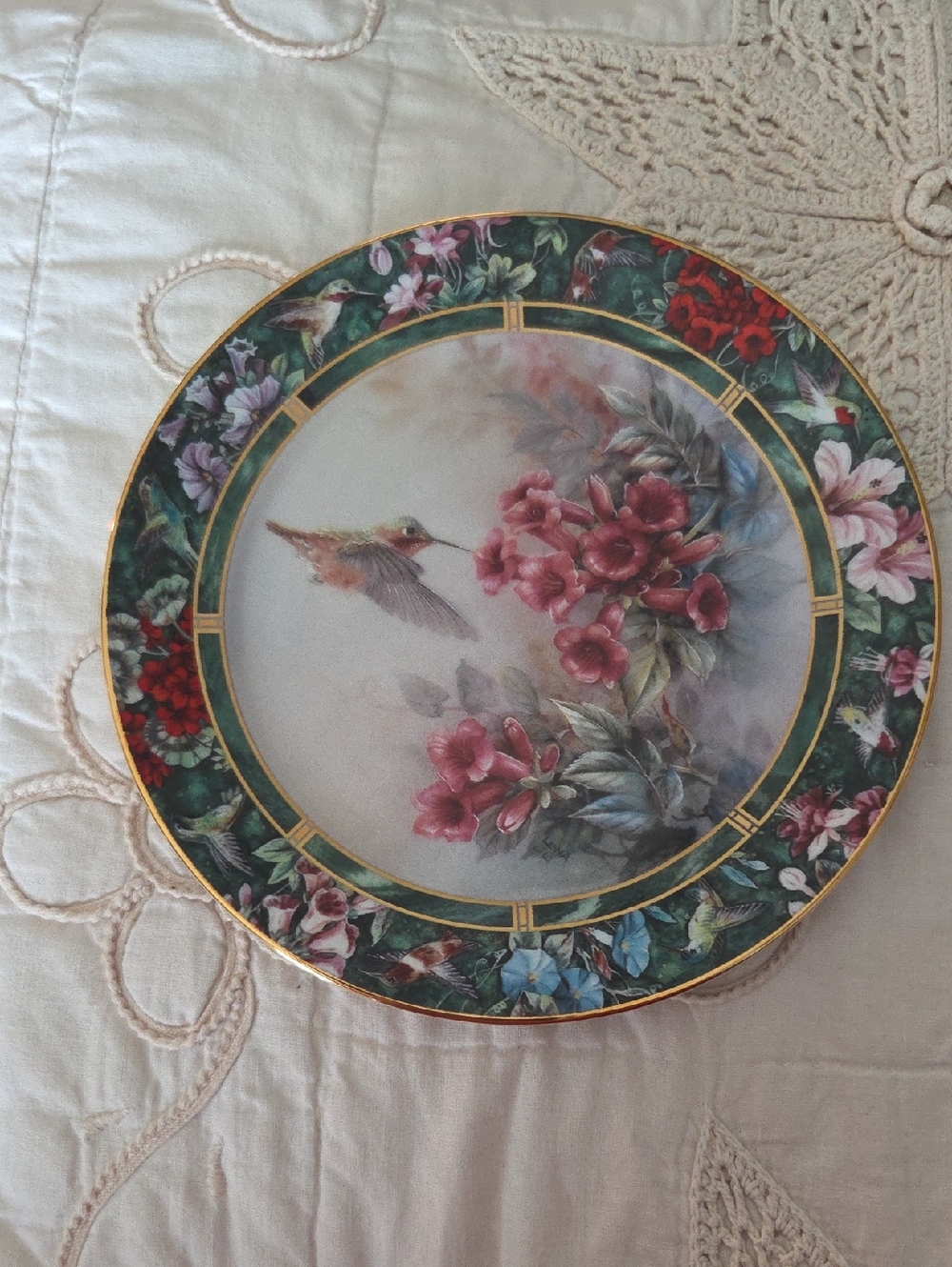 Lena Liu  Porcelain Collector Hummingbird Plate - White & Cream Backstamp